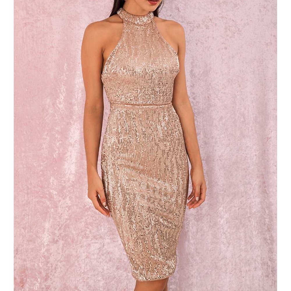 Rose Gold Halter Sequin Bodycon Party Midi Dress - Picture 3 of 5